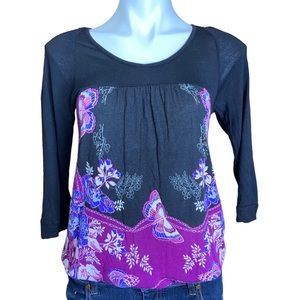 FREE PEOPLE Y2K Top Button Up Back Butterfly Floral Print 3/4 Sleeve Large